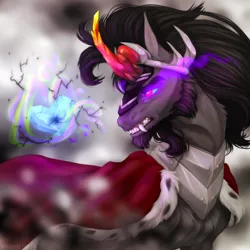 Size: 1800x1800 | Tagged: safe, artist:dementra369, derpibooru import, king sombra, pony, unicorn, beard, crystal heart, crystal horn, dark magic, facial hair, fangs, horn, magic, male, solo, stallion