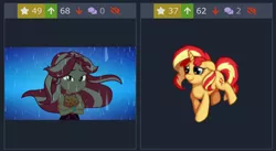 Size: 822x452 | Tagged: safe, derpibooru import, sunset shimmer, pony, unicorn, derpibooru, equestria girls, equestria girls series, let it rain, spoiler:eqg series (season 2), beautiful, crossed arms, dark background, female, floppy ears, geode of empathy, juxtaposition, looking at you, magical geodes, mare, meta, night, rain, simple background, smiling, solo