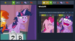Size: 437x242 | Tagged: safe, derpibooru import, screencap, pinkie pie, sunburst, twilight sparkle, twilight sparkle (alicorn), alicorn, earth pony, pony, unicorn, derpibooru, a trivial pursuit, adorkable, animated, bell, crazy face, cropped, cute, dork, eyes closed, faic, female, flailing, floppy ears, frown, glasses, juxtaposition, magic, male, mare, messy mane, meta, no sound, open mouth, smiling, solo focus, stallion, twiabetes, twilight snapple, twilight sparkle is best facemaker, twilighting, twilynanas, webm, wide eyes, wings
