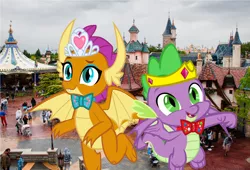 Size: 3552x2416 | Tagged: artist:disneymarvel96, bowtie, crown, derpibooru import, disneyland, disneyland paris, dragon, dragons in real life, edit, eyeshadow, female, flying, jewelry, makeup, male, regalia, safe, shipping, smolder, spike, spolder, straight, tiara, vector, vector edit, winged spike