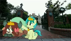 Size: 6872x4000 | Tagged: safe, artist:aleximusprime, artist:disneymarvel96, derpibooru import, edit, vector edit, sandbar, yona, pony, comforting, crown, disney, disneyland, evil queen, female, haunted mansion, irl, jewelry, male, necklace, photo, ponies in real life, regalia, scared, shell, shipping, straight, the haunted mansion, ursula, vector, yonabar