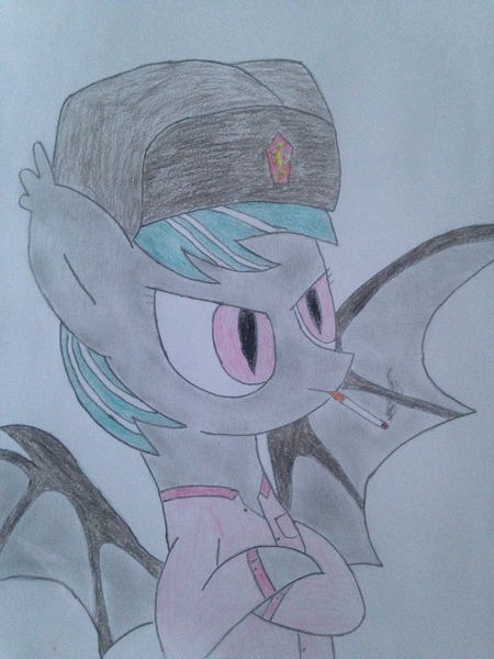 Size: 2448x3264 | Tagged: safe, artist:rainbowšpekgs, derpibooru import, oc, unofficial characters only, bat pony, pony, angry, bat pony oc, bat wings, cigarette, clothes, coat of arms, communism, czechoslovakia, drawing, ear fluff, hat, shirt, simple background, smoking, soviet, traditional art, upset, ushanka, white background, wings