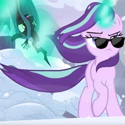 Size: 1000x1000 | Tagged: safe, derpibooru import, edit, edited screencap, screencap, queen chrysalis, starlight glimmer, changeling, pony, unicorn, the ending of the end, alternate ending, badass, cropped, female, glowing horn, good end, horn, magic, mare, sunglasses, telekinesis, windswept mane