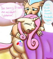 Size: 2691x3000 | Tagged: suggestive, artist:galacticham, derpibooru import, oc, oc:ocean breeze, oc:vanilla rose, unofficial characters only, hippogriff, pony, bed, bedwetting, butt, comforting, consoling, crying, hippogriff oc, not fluttershy, pissing, plot, speech bubble, urine, wetting