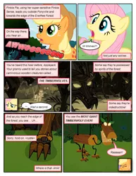 Size: 612x792 | Tagged: safe, artist:newbiespud, derpibooru import, edit, edited screencap, screencap, fluttershy, granny smith, earth pony, pegasus, pony, timber wolf, comic:friendship is dragons, clothes, comic, dialogue, exclamation point, eyes closed, female, freckles, glowing eyes, hat, headscarf, howling, implied pinkie pie, interrobang, mare, marionette, offscreen character, question mark, roar, scarf, screencap comic, surprised, young granny smith, younger