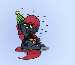 Size: 1045x903 | Tagged: artist:n-o-n, birthday, birthday gift, chibi, confetti, derpibooru import, give her the dick, happy, hat, oc, oc:jessi-ka, party hat, safe