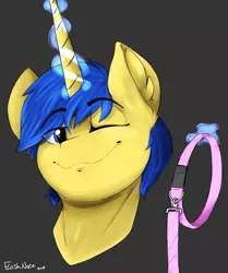 Size: 2073x2484 | Tagged: safe, artist:flashnoteart, derpibooru import, oc, oc:arctic lance, unofficial characters only, pony, unicorn, bust, collar, leash, magic, one eye closed, portrait, simple background, smiling, smirk, solo, wink