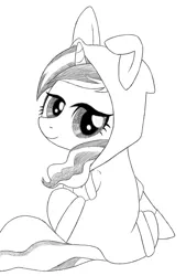 Size: 652x966 | Tagged: artist needed, safe, derpibooru import, sweet biscuit, pony, unicorn, /mlp/, animal costume, bunny costume, bunny ears, clothes, costume, dangerous mission outfit, female, goggles, hoodie, looking at you, looking back, looking back at you, mare, monochrome, sitting, smiling, solo