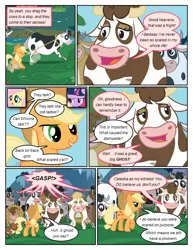 Size: 612x792 | Tagged: safe, artist:newbiespud, derpibooru import, edit, edited screencap, screencap, applejack, fluttershy, twilight sparkle, cow, earth pony, pegasus, pony, unicorn, comic:friendship is dragons, annoyed, bell, comic, cowbell, dialogue, female, freckles, hat, lasso, mare, mouth hold, rope, running, screencap comic, stampede, udder, unicorn twilight