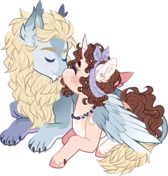 Size: 852x889 | Tagged: safe, artist:cueen, derpibooru import, oc, oc:lionhardt, oc:poetic melody, unofficial characters only, big cat, hybrid, lion, pegasus, pony, sphinx, unicorn, boop, bow, claws, couple, cuddling, disney, ear fluff, fangs, female, hair bow, horn, hug, jewelry, leonine tail, male, mane, mare, mottled coat, necklace, noseboop, pale belly, paws, pegasus oc, piercing, ponysona, simple background, sphinx oc, stallion, tattoo, transparent background, unicorn oc, unshorn fetlocks, winghug, wings