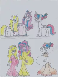 Size: 1786x2371 | Tagged: safe, artist:nephilim rider, derpibooru import, princess flurry heart, oc, oc:bundle joy, alicorn, equestria girls, alicorn oc, alicornified, belly, clothes, dress, female, horn, mama flurry, mother and child, mother and daughter, multiple pregnancy, offspring, offspring's offspring, parent:oc:shimmering glow, parent:princess flurry heart, parents:canon x oc, pregnant, pregnant equestria girls, race swap, traditional art, waving, wings, wreath