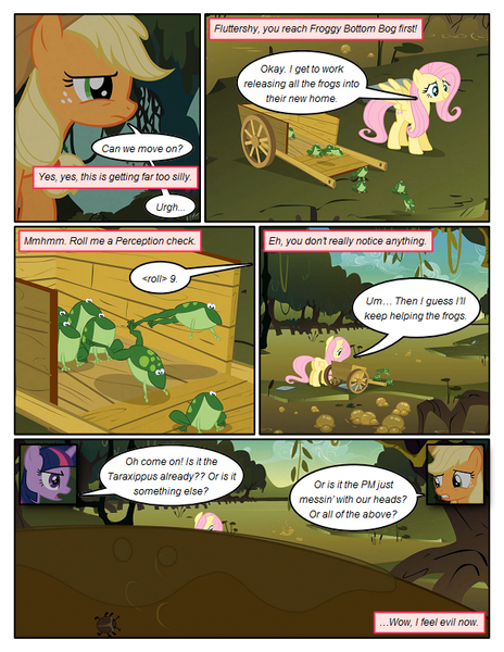 Size: 612x792 | Tagged: safe, artist:newbiespud, derpibooru import, edit, edited screencap, screencap, applejack, fluttershy, twilight sparkle, beetle, earth pony, frog, insect, pegasus, pony, unicorn, comic:friendship is dragons, comic, dialogue, female, freckles, frown, hat, implied pinkie pie, mare, screencap comic, unicorn twilight, wagon