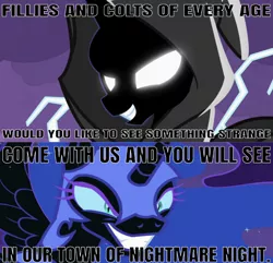 Size: 640x617 | Tagged: safe, derpibooru import, edit, edited screencap, editor:undeadponysoldier, screencap, nightmare moon, princess luna, alicorn, pony, luna eclipsed, evil, female, glowing eyes, halloween, holiday, mare, nightmare night, parody, solo, song reference, the nightmare before christmas, this is halloween, white eyes