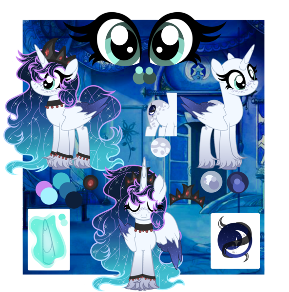 Size: 4500x4550 | Tagged: alicorn, alicorn oc, artist:mary-chanunicorn, collar, colored wings, color palette, crown, cutie mark, derpibooru import, eyes closed, female, glowing horn, hair over one eye, horn, jewelry, multicolored hair, multicolored wings, oc, oc:princess eclipse, offspring, parent:king sombra, parent:princess luna, parents:lumbra, reference sheet, regalia, safe, sparkly mane, sparkly tail, unshorn fetlocks, wings