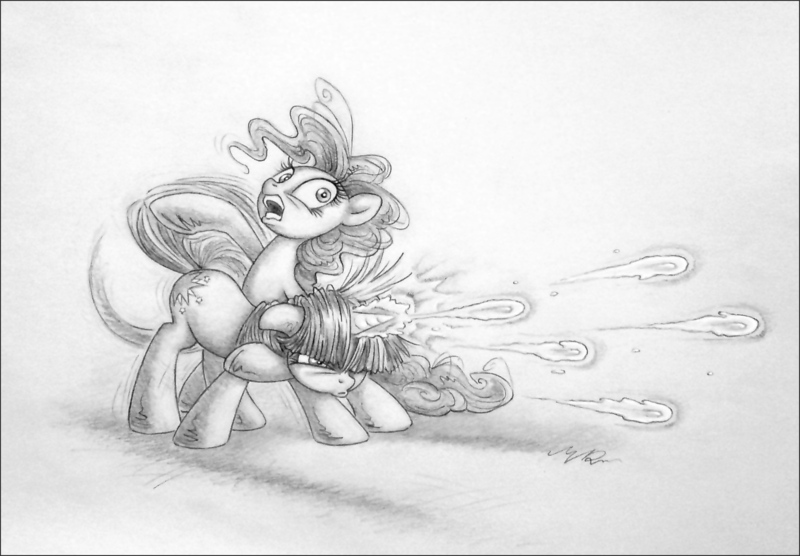 Size: 1681x1169 | Tagged: safe, artist:deathcutlet, derpibooru import, pinkie pie, twilight sparkle, earth pony, pony, unicorn, a canterlot wedding, behaving like a weapon, black and white, duo, female, grayscale, magic, mare, monochrome, scene interpretation, traditional art, twigun