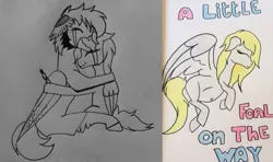 Size: 762x451 | Tagged: safe, artist:lunaluv18, derpibooru import, oc, oc:artemis, oc:silverstar, hippogriff, pegasus, pony, belly, belly button, crying, early pregnancy, female, hug, male, pregnancy test, pregnant, tears of joy, traditional art