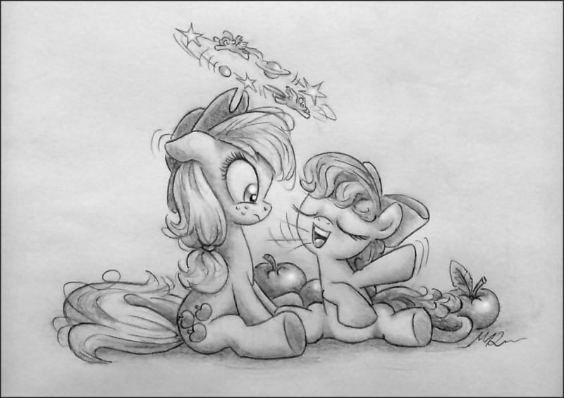 Size: 1100x776 | Tagged: safe, artist:deathcutlet, derpibooru import, apple bloom, applejack, big macintosh, earth pony, pony, apple, apple siblings, apple sisters, black and white, bow, brother and sister, circling stars, confused, cowboy hat, dizzy, female, filly, food, grayscale, hair bow, hat, mare, monochrome, open mouth, pencil drawing, siblings, sisters, sitting, talking, traditional art