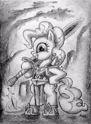 Size: 490x665 | Tagged: safe, artist:deathcutlet, derpibooru import, pinkie pie, pony, armor, bipedal, black and white, clothes, grayscale, monochrome, sword, traditional art, weapon