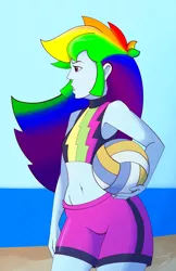 Size: 828x1280 | Tagged: safe, artist:7los7, derpibooru import, rainbow dash, equestria girls, equestria girls series, forgotten friendship, ball, belly button, board shorts, clothes, shorts, solo, sports, swimsuit, volleyball
