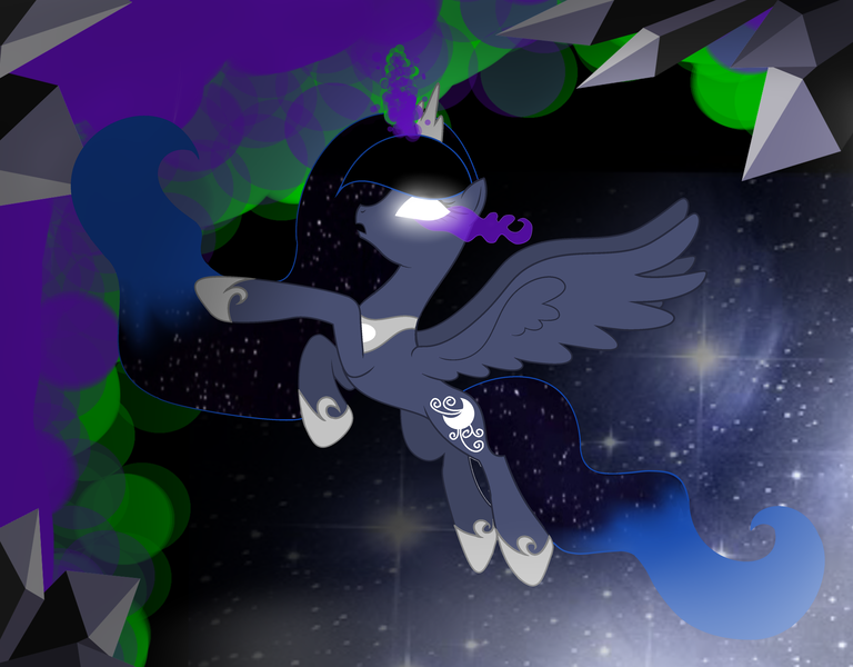 Size: 4299x3360 | Tagged: safe, artist:lunaapple, derpibooru import, oc, oc:blue dream, unofficial characters only, alicorn, pony, alicorn oc, blank eyes, crystal, dark magic, female, glowing eyes, glowing horn, horn, jewelry, magic, mare, offspring, parent:king sombra, parent:princess luna, parents:lumbra, regalia, solo, sombra eyes, space, spread wings, wings