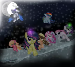 Size: 1790x1600 | Tagged: safe, artist:lunaapple, derpibooru import, oc, oc:apple melody, oc:balloon heart, oc:blue dream, oc:diamond heart, oc:rainbow bolt, oc:shyflower, oc:starry magic, unofficial characters only, alicorn, dracony, dragon, earth pony, hybrid, pegasus, pony, unicorn, alicorn oc, blank flank, clothes, corrupted, female, flying, full moon, glowing eyes, glowing horn, gradient mane, hair over one eye, horn, interspecies offspring, light spell, mare, moon, next generation, night, offspring, parent:applejack, parent:big macintosh, parent:caramel, parent:comet tail, parent:fluttershy, parent:king sombra, parent:pinkie pie, parent:pokey pierce, parent:princess luna, parent:rainbow dash, parent:rarity, parent:soarin', parent:spike, parent:twilight sparkle, parents:carajack, parents:cometlight, parents:fluttermac, parents:lumbra, parents:pokeypie, parents:soarindash, parents:sparity, running, running away, scarf, snow, snowfall, sombra eyes, wings