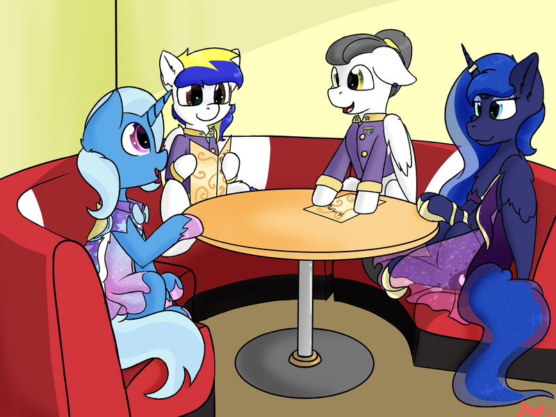 Size: 2834x2125 | Tagged: safe, artist:jubyskylines, derpibooru import, princess luna, trixie, oc, oc:cloudy mane, oc:juby skylines, pony, clothes, date, diner, dress