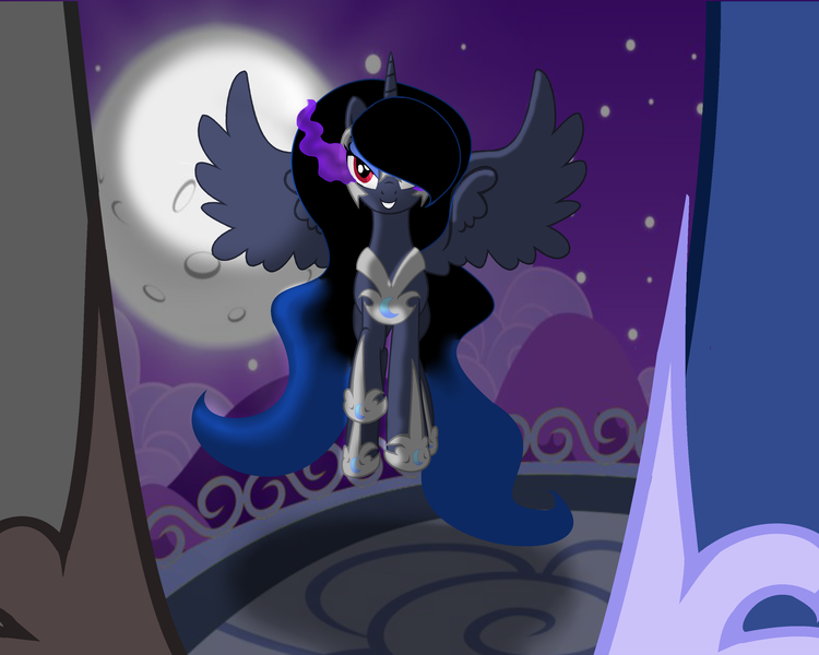 Size: 5000x4000 | Tagged: safe, artist:lunaapple, derpibooru import, king sombra, princess luna, oc, oc:blue dream, alicorn, pony, alicorn oc, corrupted, disembodied hoof, evil grin, framed by legs, full moon, gradient mane, grin, hair over one eye, hoof shoes, hooves, horn, moon, night, offscreen character, offspring, parent:king sombra, parent:princess luna, parents:lumbra, smiling, solo focus, sombra eyes, spread wings, wings