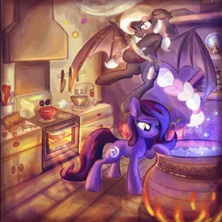 Size: 4000x4000 | Tagged: safe, artist:amura-of-jupiter, derpibooru import, oc, oc:macaron dreams, oc:moon singer, bat pony, earth pony, pony, baking, bat pony oc, bat wings, bowl, braid, braided tail, bubbling, cauldron, cooking, crystal bal, cutie mark, dial, drawers, duo, egg, egg carton, eggshell, fangs, female, floppy ears, flour, flying, indoors, knife, mare, measuring cup, mixer, mixing bowl, moon, music notes, oven, plant, pot, potion, scroll, shelf, slit eyes, slit pupils, spilling, tongue out, whisking, wings, wood