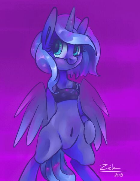 Size: 600x772 | Tagged: alicorn, anthro, artist:tu-kierownik, bipedal, blushing, bottomless, clothes, cute, derpibooru import, featureless crotch, lunabetes, partial nudity, princess luna, purple background, questionable, semi-anthro, simple background, solo, top