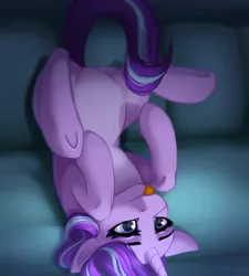 Size: 1800x2000 | Tagged: safe, artist:villjulie, derpibooru import, starlight glimmer, pony, unicorn, couch, female, floppy ears, mare, silly, silly pony, smiling, solo, tongue out, underhoof, upside down