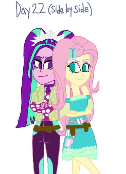 Size: 2000x2759 | Tagged: safe, artist:bigpurplemuppet99, derpibooru import, aria blaze, fluttershy, equestria girls, 30 day otp challenge, ariashy, female, flutterblaze, lesbian, shipping