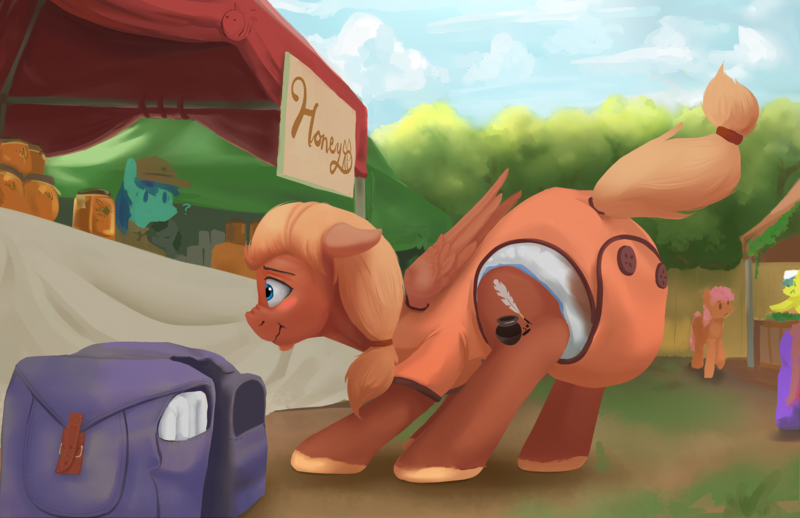 Size: 3372x2184 | Tagged: questionable, artist:edrian, derpibooru import, oc, oc:rewrite, unofficial characters only, pony, accident, adult foal, diaper, diaper fetish, fetish, market, messing, messy diaper, onesie, poop, pooping, poopy diaper, scat