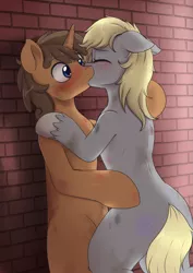 Size: 1719x2431 | Tagged: suggestive, artist:evomanaphy, derpibooru import, oc, oc:icepick, oc:permittivity, unofficial characters only, earth pony, semi-anthro, unicorn, bruised, female, icetivity, kissing, male, oc x oc, shipping, straight