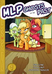 Size: 900x1275 | Tagged: safe, artist:tarkron, derpibooru import, apple bloom, applejack, big macintosh, granny smith, earth pony, pony, comic:ghosts of the past, apple family, comic cover, cowering, fan comic, female, filly, male, mare, scared, silhouette, stallion, sweet apple acres barn, title page