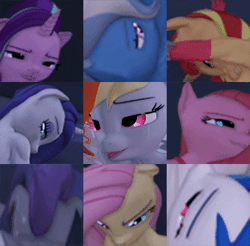 Size: 336x330 | Tagged: suggestive, artist:indigosfmworks, derpibooru import, fluttershy, maud pie, pinkie pie, rainbow dash, rarity, starlight glimmer, sunset shimmer, trixie, vinyl scratch, anthro, 3d, against wall, ahegao, animated, bedroom eyes, bouncing, bouncing breasts, breasts, cropped, faceless female, faceless male, female, gif, group, implied sex, lidded eyes, male, offscreen character, open mouth, source filmmaker, tongue out
