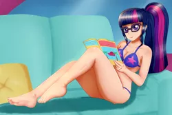 Size: 2256x1504 | Tagged: suggestive, artist:focusb, derpibooru import, sci-twi, twilight sparkle, human, equestria girls, equestria girls series, spring breakdown, spoiler:eqg series (season 2), adorkable, barefoot, beautiful, bikini, breasts, clothes, couch, cute, dork, feet, female, glasses, human coloration, legs, magazine, ponytail, reading, solo, swimsuit