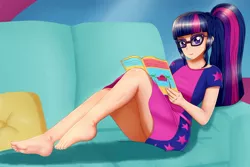 Size: 1280x853 | Tagged: safe, artist:focusb, derpibooru import, sci-twi, twilight sparkle, equestria girls, equestria girls series, spring breakdown, spoiler:eqg series (season 2), adorkable, barefoot, beautiful, clothes, couch, cute, dork, dress, feet, glasses, legs, luxe deluxe, lying down, magazine, ponytail, schrödinger's pantsu, sexy, solo, thighs, throw pillow
