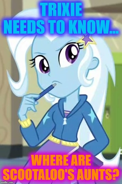 Size: 500x750 | Tagged: safe, derpibooru import, edit, edited screencap, screencap, trixie, equestria girls, equestria girls series, forgotten friendship, cropped, implied aunt holiday, implied auntie lofty, implied scootaloo, meme, solo