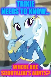 Size: 500x750 | Tagged: safe, derpibooru import, edit, edited screencap, screencap, trixie, equestria girls, equestria girls series, forgotten friendship, cropped, implied aunt holiday, implied auntie lofty, implied scootaloo, meme, solo