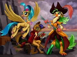 Size: 1600x1196 | Tagged: abyssinian, amputee, anthro, apple, artist:harwick, beauty mark, capper dapperpaws, captain celaeno, classical hippogriff, clothes, coat, colored hooves, derpibooru import, ear piercing, earring, eating, female, flying, food, hat, hippogriff, jewelry, looking at you, male, my little pony: the movie, necklace, parrot pirates, peg leg, piercing, pirate, pirate hat, princess skystar, prosthetic leg, prosthetic limb, prosthetics, safe, sword, treasure chest, trio, weapon