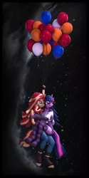 Size: 3840x7680 | Tagged: safe, artist:imafutureguitarhero, derpibooru import, sci-twi, sunset shimmer, twilight sparkle, anthro, unguligrade anthro, unicorn, 3d, absurd resolution, alternate hairstyle, arm fluff, arm freckles, balloon, blushing, boots, border, cheek fluff, chromatic aberration, clothes, cloud, cloudy, colored eyebrows, cute, duo, ear fluff, female, film grain, floating, floppy ears, fluffy, freckles, fur, glasses, gloves, holding, horn, jeans, leather, leather boots, lesbian, long hair, long mane, mare, multicolored hair, multicolored mane, multicolored tail, nail polish, night, nose wrinkle, pants, scitwishimmer, shipping, shoes, signature, sky, socks, source filmmaker, stars, striped socks, sunsetsparkle, tanktop, twiabetes, vertical, wall of tags