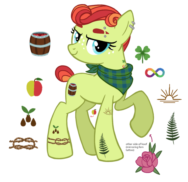 Size: 1322x1282 | Tagged: safe, artist:flipwix, derpibooru import, oc, oc:autumn glory apple, unofficial characters only, earth pony, pony, bandana, bedroom eyes, butch lesbian, commission, ear piercing, earring, eyebrow piercing, female, freckles, jewelry, magical lesbian spawn, mare, offspring, parent:applejack, parent:torque wrench, parents:apple wrench, piercing, raised hoof, reference sheet, simple background, solo, transparent background