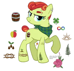 Size: 1322x1282 | Tagged: safe, artist:flipwix, derpibooru import, oc, oc:autumn glory apple, unofficial characters only, earth pony, pony, bandana, bedroom eyes, butch lesbian, commission, ear piercing, earring, eyebrow piercing, female, freckles, jewelry, magical lesbian spawn, mare, offspring, parent:applejack, parent:torque wrench, parents:apple wrench, piercing, raised hoof, reference sheet, simple background, solo, transparent background