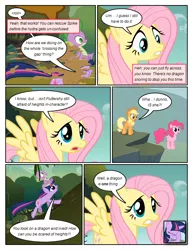 Size: 612x792 | Tagged: safe, artist:newbiespud, derpibooru import, edit, edited screencap, screencap, applejack, fluttershy, pinkie pie, spike, twilight sparkle, dragon, earth pony, pegasus, pony, unicorn, comic:friendship is dragons, cliff, comic, dialogue, facehoof, female, floating, freckles, hat, looking down, male, mare, mud, riding, running, screencap comic, unicorn twilight