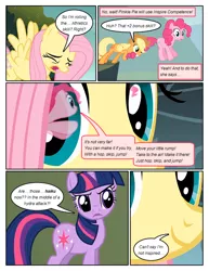 Size: 612x792 | Tagged: safe, artist:newbiespud, derpibooru import, edit, edited screencap, screencap, fluttershy, pinkie pie, twilight sparkle, earth pony, pegasus, pony, unicorn, comic:friendship is dragons, cliff, comic, dialogue, eye reflection, eyes closed, female, freckles, hat, mare, mouth hold, raised hoof, reflection, screencap comic, smiling, unicorn twilight