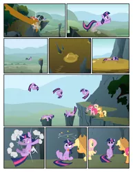 Size: 612x792 | Tagged: safe, artist:newbiespud, derpibooru import, edit, edited screencap, screencap, fluttershy, pinkie pie, spike, twilight sparkle, dragon, earth pony, hydra, pegasus, pony, unicorn, comic:friendship is dragons, feeling pinkie keen, bubble, circling stars, claws, cliff, comic, cowboy hat, derp, dizzy, eyes closed, female, grin, gritted teeth, hat, hooves, horn, jumping, male, mare, mud, multiple heads, on back, screencap comic, sitting, smiling, standing, tongue out, unicorn twilight, wings