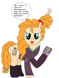 Size: 2448x3264 | Tagged: safe, artist:supahdonarudo, derpibooru import, pear butter, alien, alien pony, pony, bone, boots, clothes, cosplay, costume, dialogue, felicia day, freckles, hair bun, holding, kinga forrester, mare in the moon, moon, movie, mystery science theater 3000, shoes, speech bubble, voice actor joke