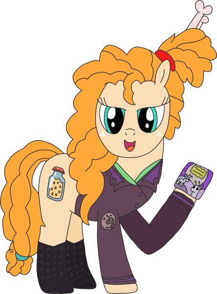 Size: 2162x2920 | Tagged: safe, alternate version, artist:supahdonarudo, derpibooru import, edit, pear butter, alien, alien pony, pony, bone, boots, clothes, cosplay, costume, felicia day, freckles, hair bun, holding, kinga forrester, mare in the moon, moon, movie, mystery science theater 3000, shoes, voice actor joke