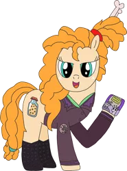 Size: 2162x2920 | Tagged: safe, alternate version, artist:supahdonarudo, derpibooru import, edit, pear butter, alien, alien pony, pony, bone, boots, clothes, cosplay, costume, felicia day, freckles, hair bun, holding, kinga forrester, mare in the moon, moon, movie, mystery science theater 3000, shoes, voice actor joke