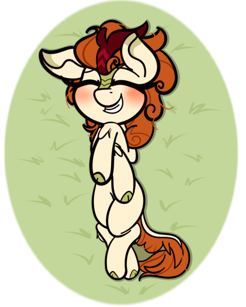 Size: 2000x2500 | Tagged: artist:theawkwarddork, autumn blaze, derpibooru import, kirin, lying down, safe, simple background, smiling, solo, transparent background